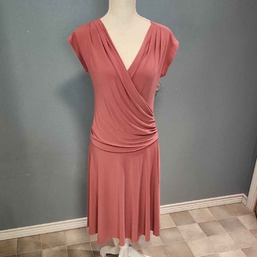 Soprano Faux Wrap Slinky Preppy Midi Dress Y2K Indie Sleeze USA Made Dusty Rose